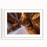 Landscape artwork depicting vibrant canyons in warm tones, elegantly framed with a white mat for a modern touch, ideal for enhancing home decor.