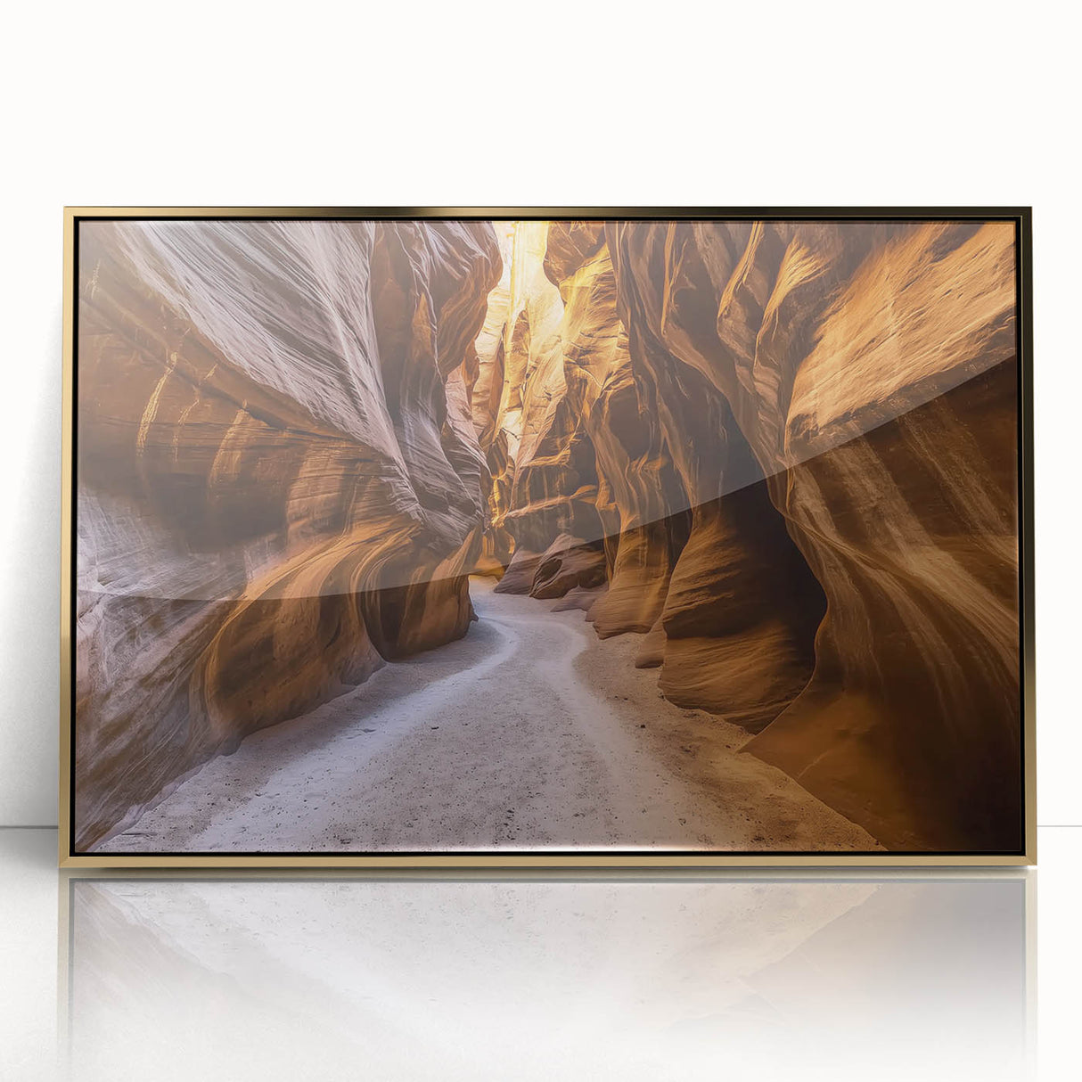 Framed acrylic artwork depicting a stunning landscape of canyons in golden hues, showcasing intricate details and textures, perfect for modern home decor.