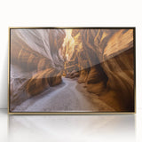 Framed acrylic artwork depicting a stunning landscape of canyons in golden hues, showcasing intricate details and textures, perfect for modern home decor.