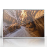 Framed acrylic wall art depicting a scenic landscape of canyons, featuring vibrant colors and detailed textures, ideal for home decor enhancement.