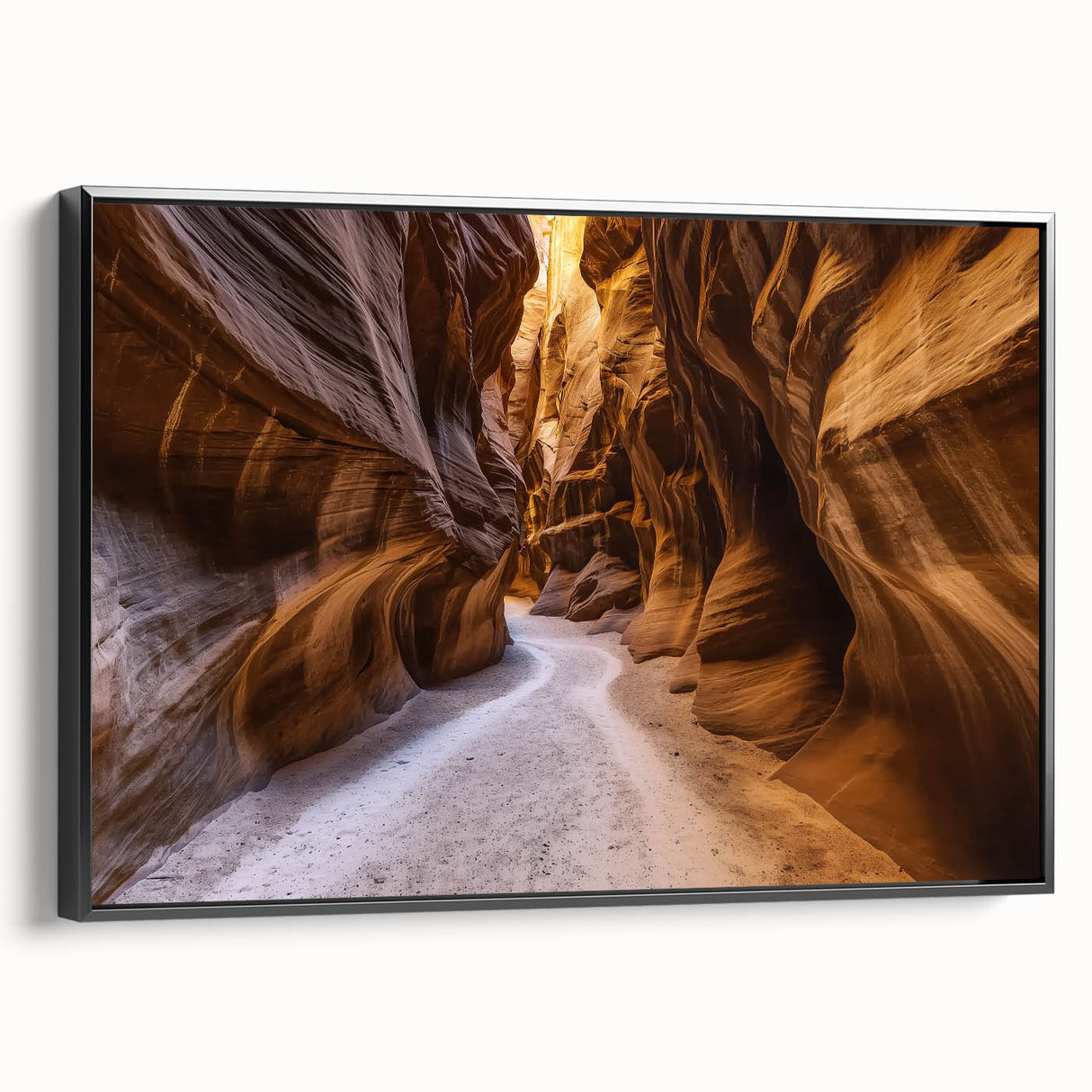 Framed canvas artwork depicting a stunning landscape of canyons in rich earthy tones, showcasing dramatic rock formations and a serene atmosphere, ideal for home decor.