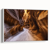 Framed canvas artwork depicting a stunning landscape of vibrant canyons, featuring rich colors and intricate details, presented in a sleek white frame for a modern touch. Ideal for enhancing any home decor with a natural and artistic flair.