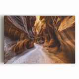 Vibrant stretched canvas artwork depicting a stunning landscape of canyons at sunset, showcasing rich hues of orange, purple, and blue, perfect for home decor.