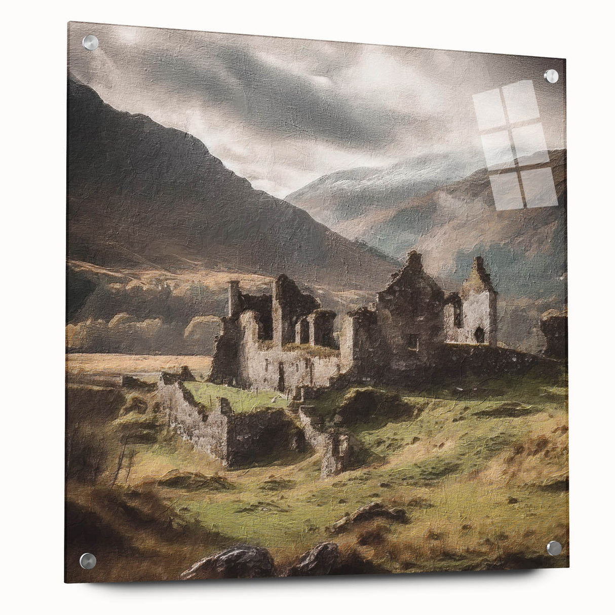 Landscape wall art depicting a serene countryside scene, displayed in acrylic glass with a side view showcasing pin mounting. The vibrant colors evoke tranquility and nature's beauty.