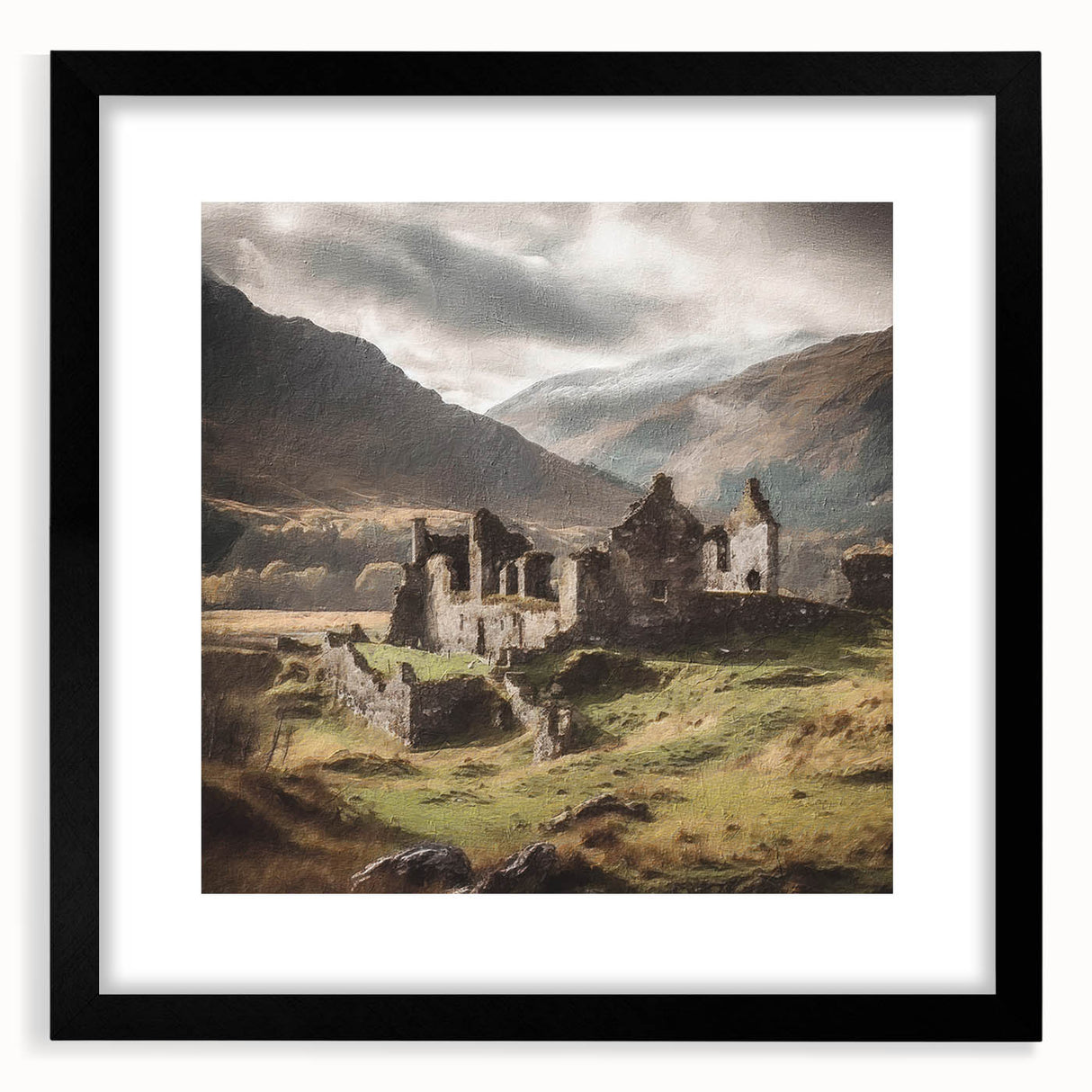 Landscape wall art featuring a serene countryside scene, framed with a black mat, ideal for home decor. Perfect for adding a rustic touch to any room.