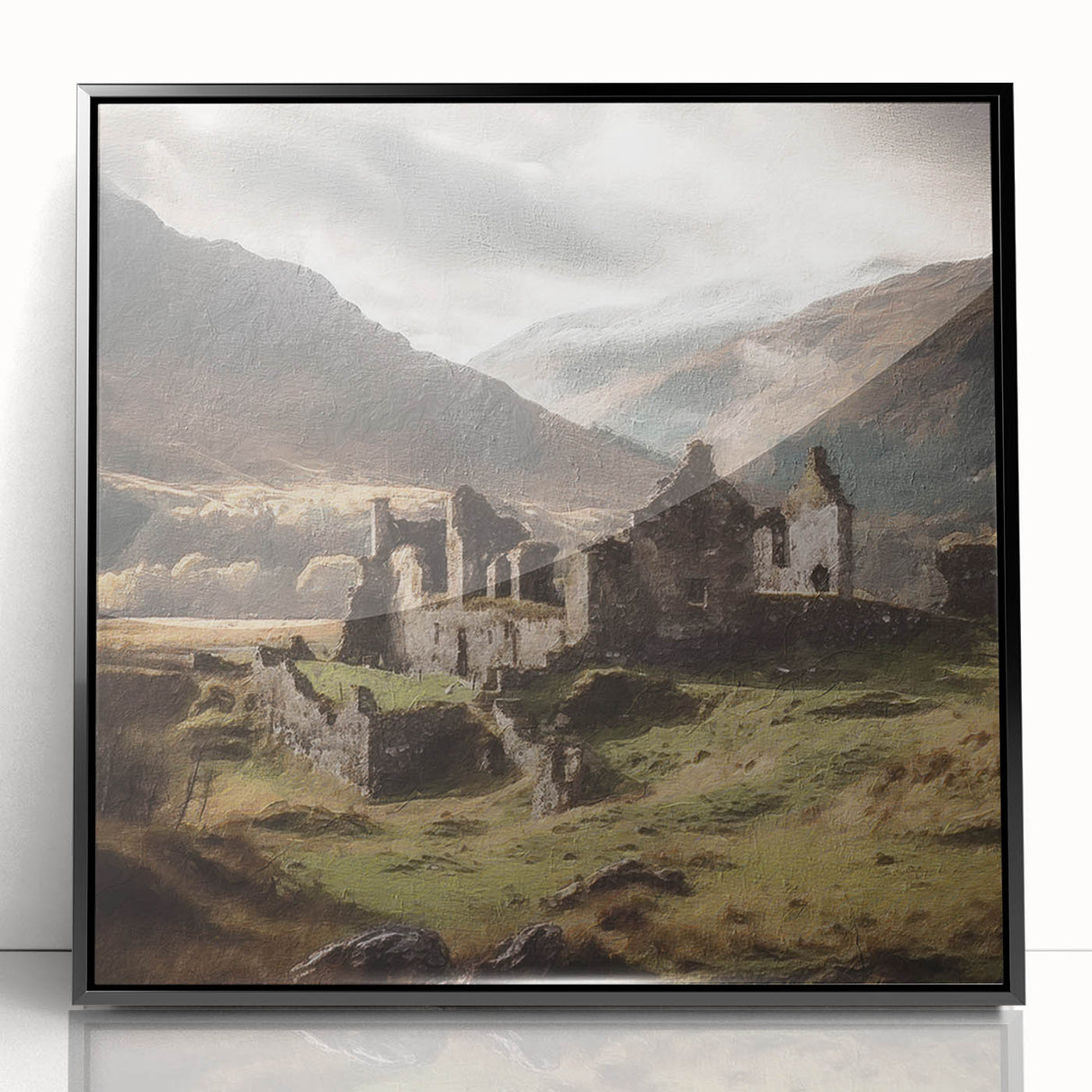 Framed acrylic wall art showcasing a serene countryside landscape, featuring lush green fields and a blue sky, presented in a sleek black frame for a modern aesthetic.