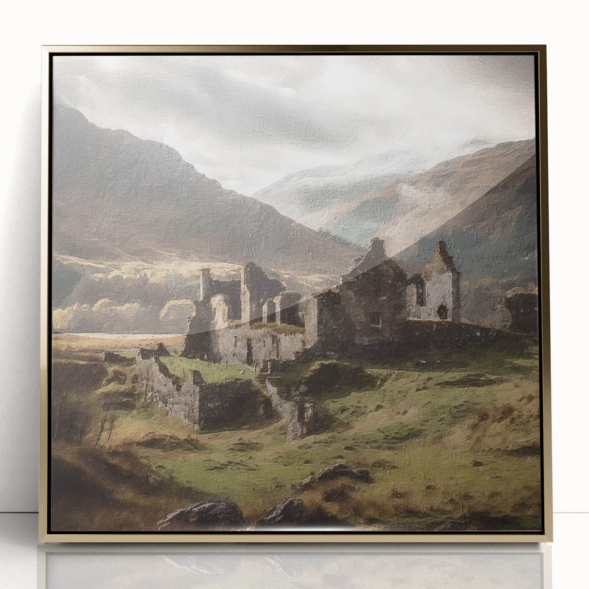 Framed acrylic wall art depicting a serene countryside landscape with rolling hills, vibrant green fields, and a clear blue sky, accented by a gold frame. Perfect for enhancing home decor.