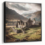 Framed canvas wall art showcasing a serene countryside landscape, featuring lush green hills and a clear blue sky, displayed in a sleek black frame.