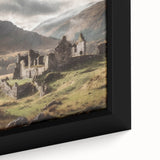 Close-up of a framed canvas wall art depicting a serene countryside landscape with lush greenery, rolling hills, and a clear blue sky, ideal for home decor.