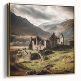Framed landscape wall art depicting a serene countryside scene with vibrant greenery and a sunset backdrop, featuring a silver and gold frame for elegant decor.