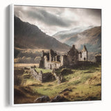 Framed landscape wall art depicting a serene countryside scene with lush greenery and a blue sky, showcased from a white side view, perfect for home decor.