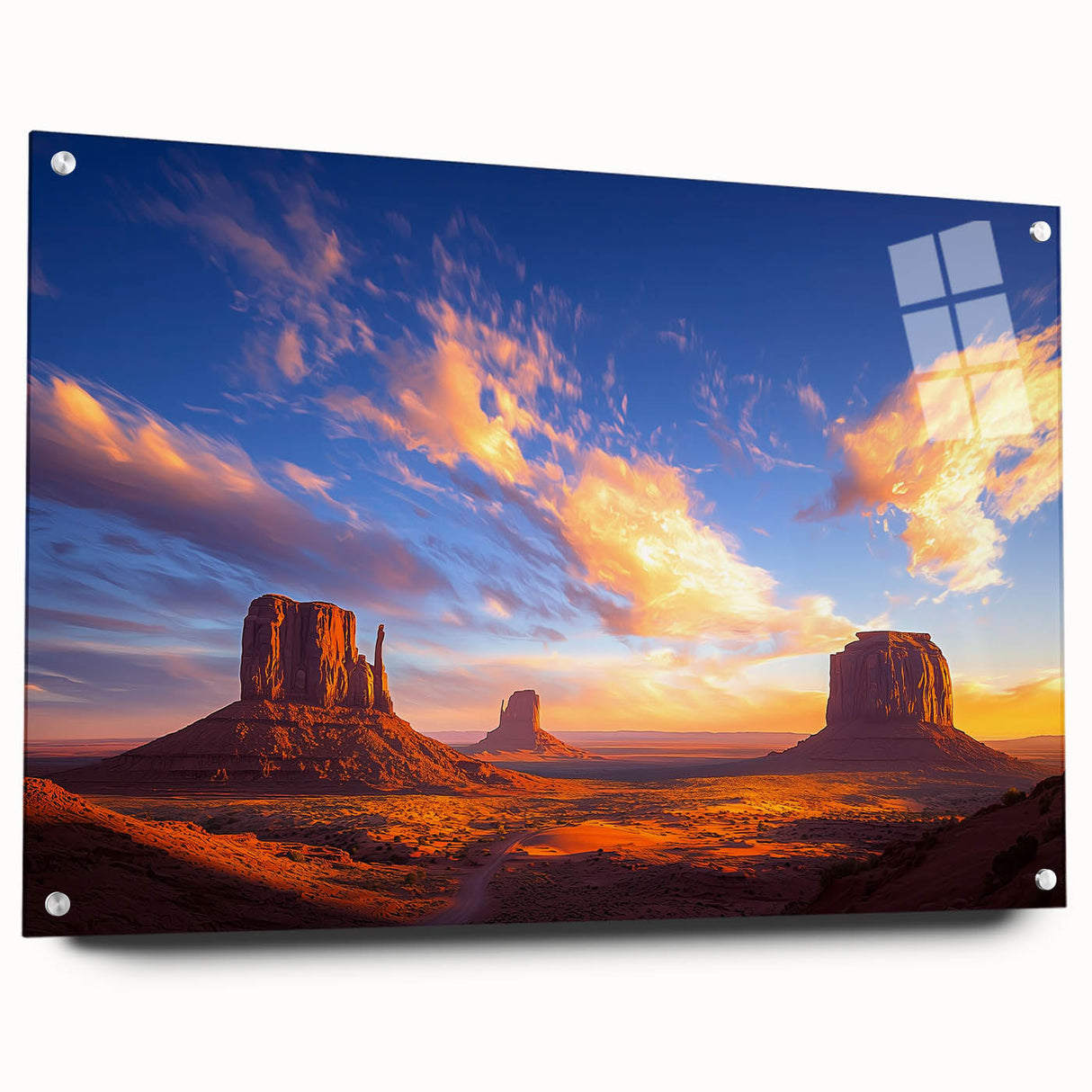 Acrylic landscape art of a desert scene displayed in a side view, showcasing vibrant colors and intricate details, with mounting pins for easy installation.