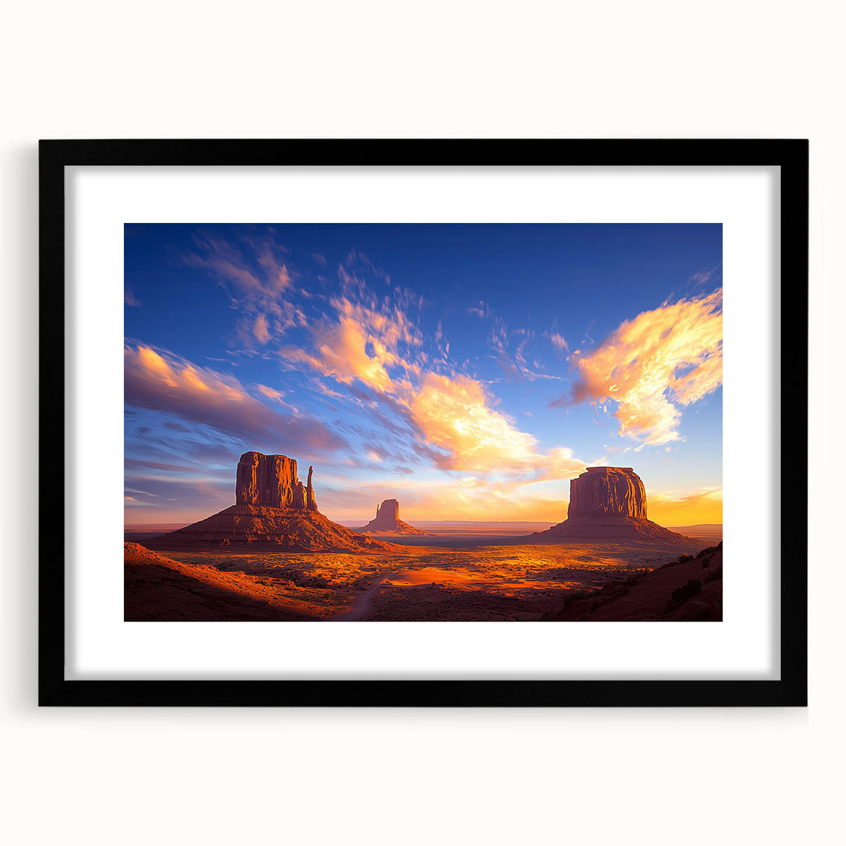 Framed desert landscape art featuring vibrant colors, a black mat, and a sleek black frame, showcasing a serene and expansive desert scene ideal for home decor.