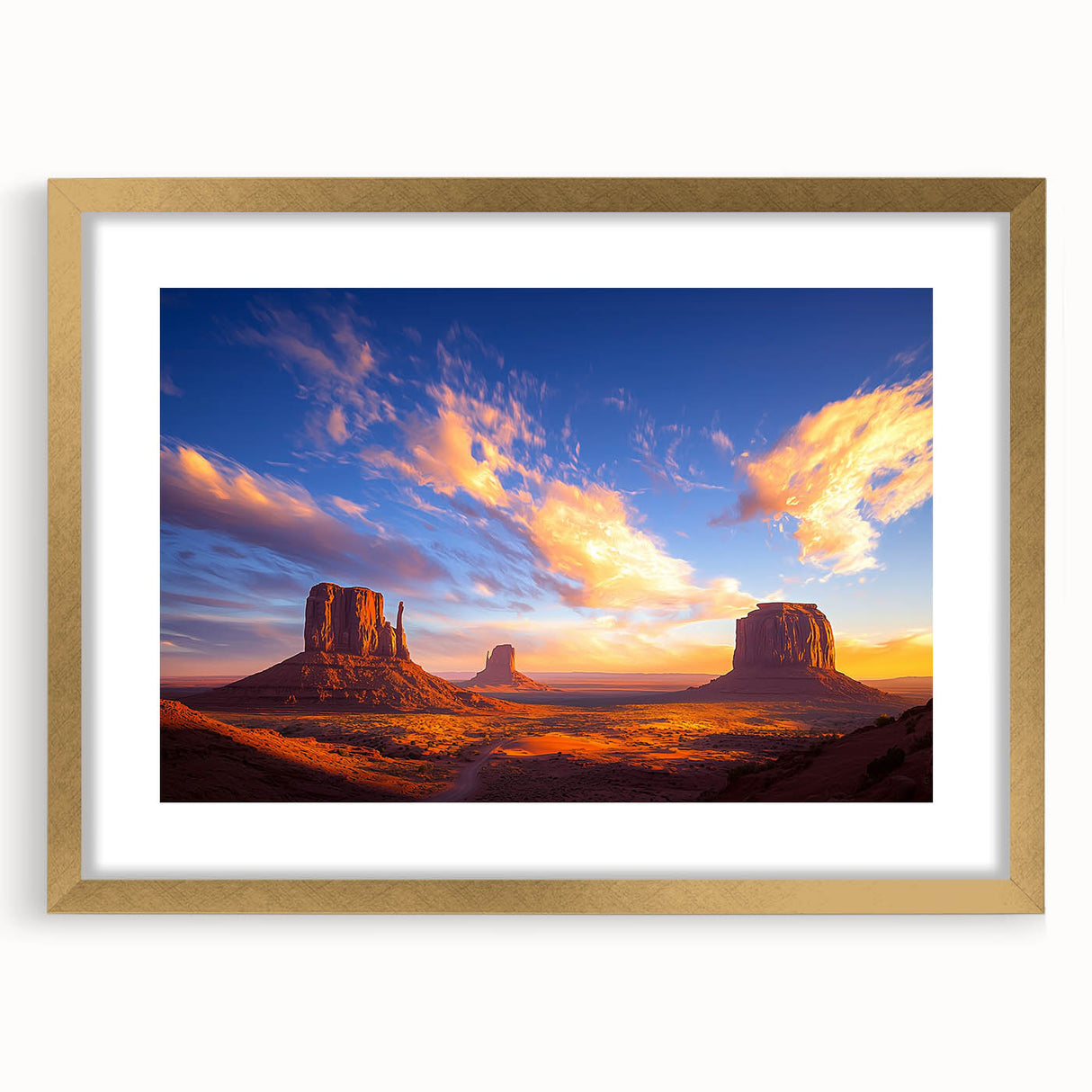 Desert landscape framed art print with a gold mat, showcasing warm tones of orange, beige, and brown, perfect for enhancing home decor aesthetics.