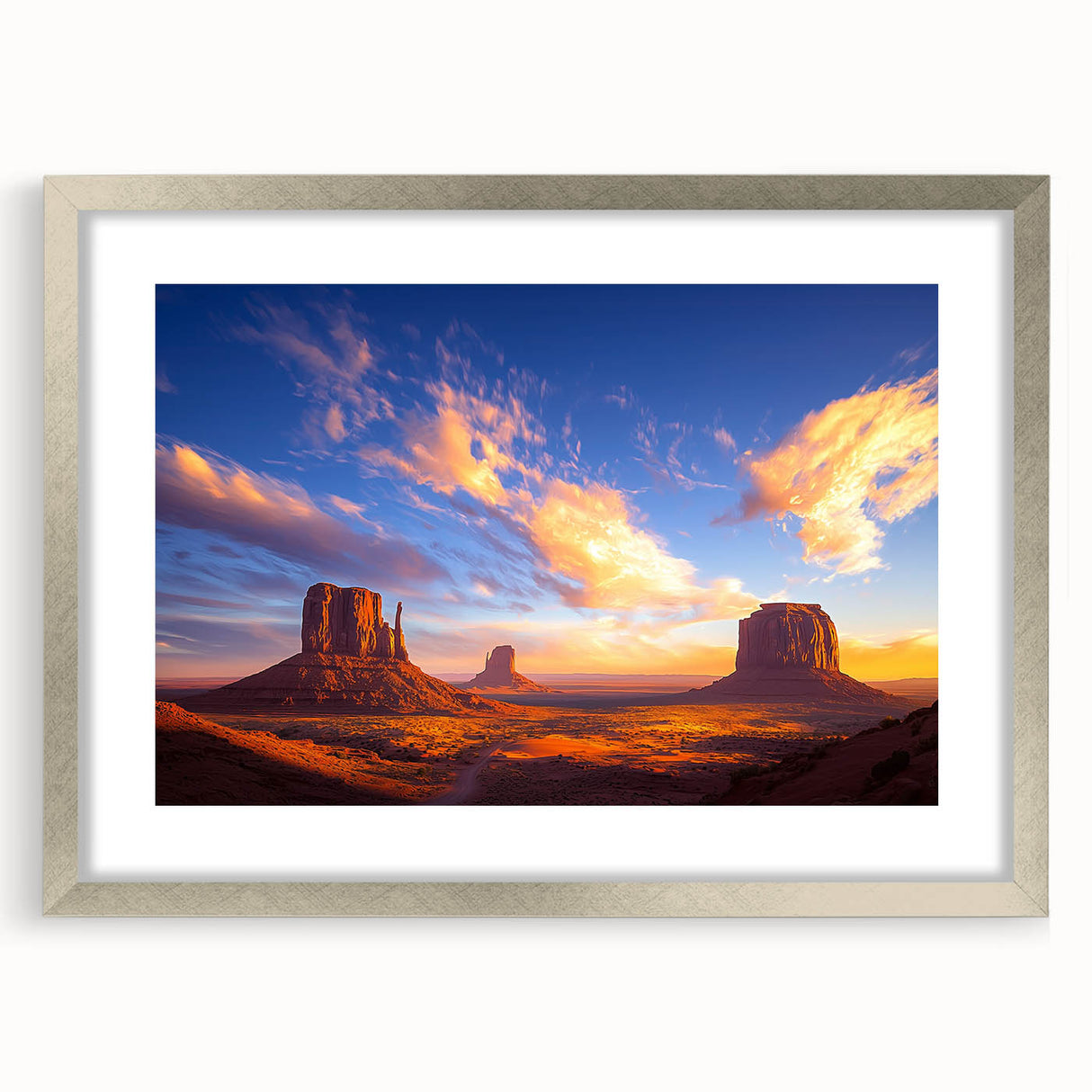 Desert landscape framed art print featuring a silver mat and elegant frame, showcasing warm sandy hues and dramatic mountains, perfect for home decor.