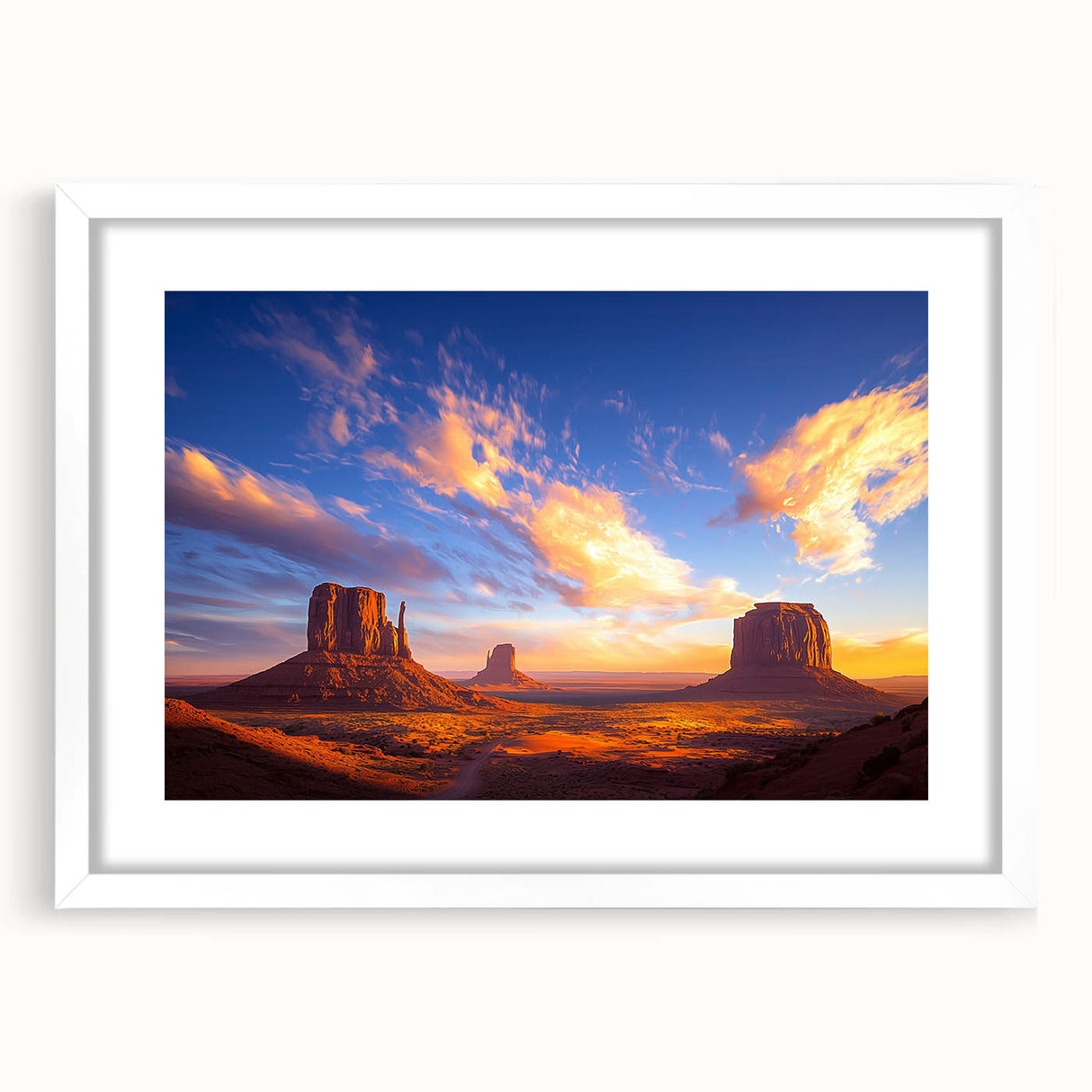 Desert landscape artwork framed with a white mat, showcasing vibrant hues of orange and brown, perfect for home decor or art enthusiasts looking to enhance their space.