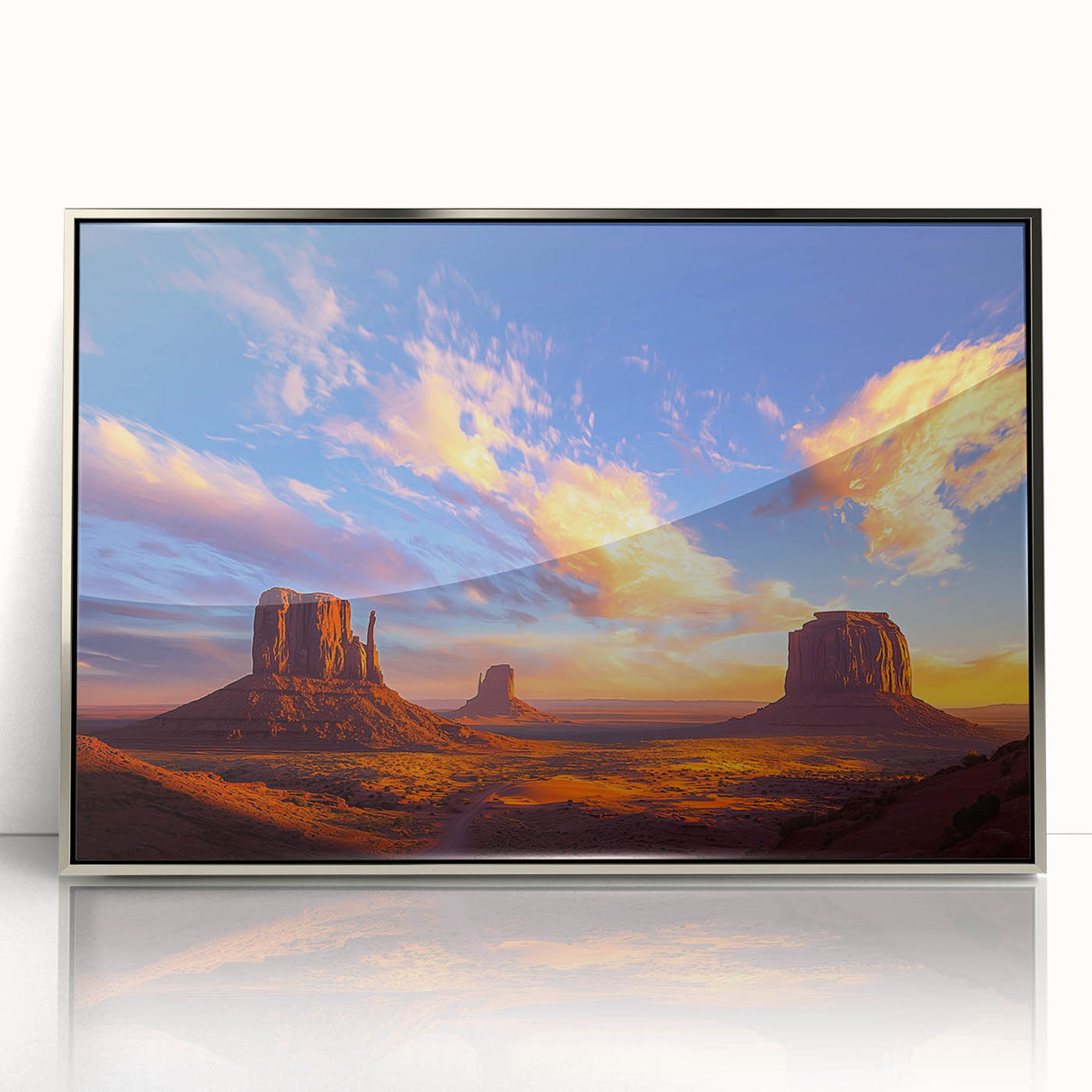 Framed acrylic artwork depicting a vibrant desert landscape with striking colors and intricate details, set in a sleek silver frame, perfect for modern decor.