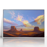 Framed acrylic landscape artwork depicting a vibrant desert scene with warm tones of orange and yellow, set in a sleek white frame, ideal for modern decor.