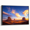 Framed canvas print of a desert landscape featuring warm tones of orange and brown, set against a sleek black frame, ideal for home decor and modern aesthetics.