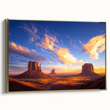Desert landscape framed canvas art showcasing vibrant hues of orange and gold, with a sleek gold frame, perfect for modern home decor and aesthetic enhancement.