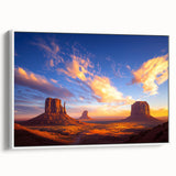 Framed canvas artwork depicting a vibrant desert landscape with warm hues of orange and yellow, showcasing a serene sunset and dramatic rock formations, ideal for home decor.