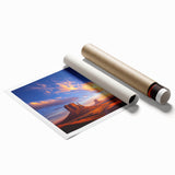 Vibrant desert landscape rolled canvas print showcasing warm hues of orange and yellow, depicting a serene sunset over sand dunes, ideal for home decor.