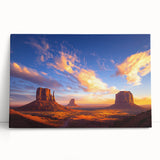 Desert landscape stretched canvas print showcasing vibrant hues of orange and yellow, depicting a serene sunset over sand dunes, perfect for modern home decor.