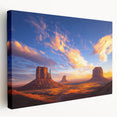 Desert landscape stretched canvas artwork showcasing vibrant hues of orange and yellow sand dunes under a bright blue sky, ideal for home decor.