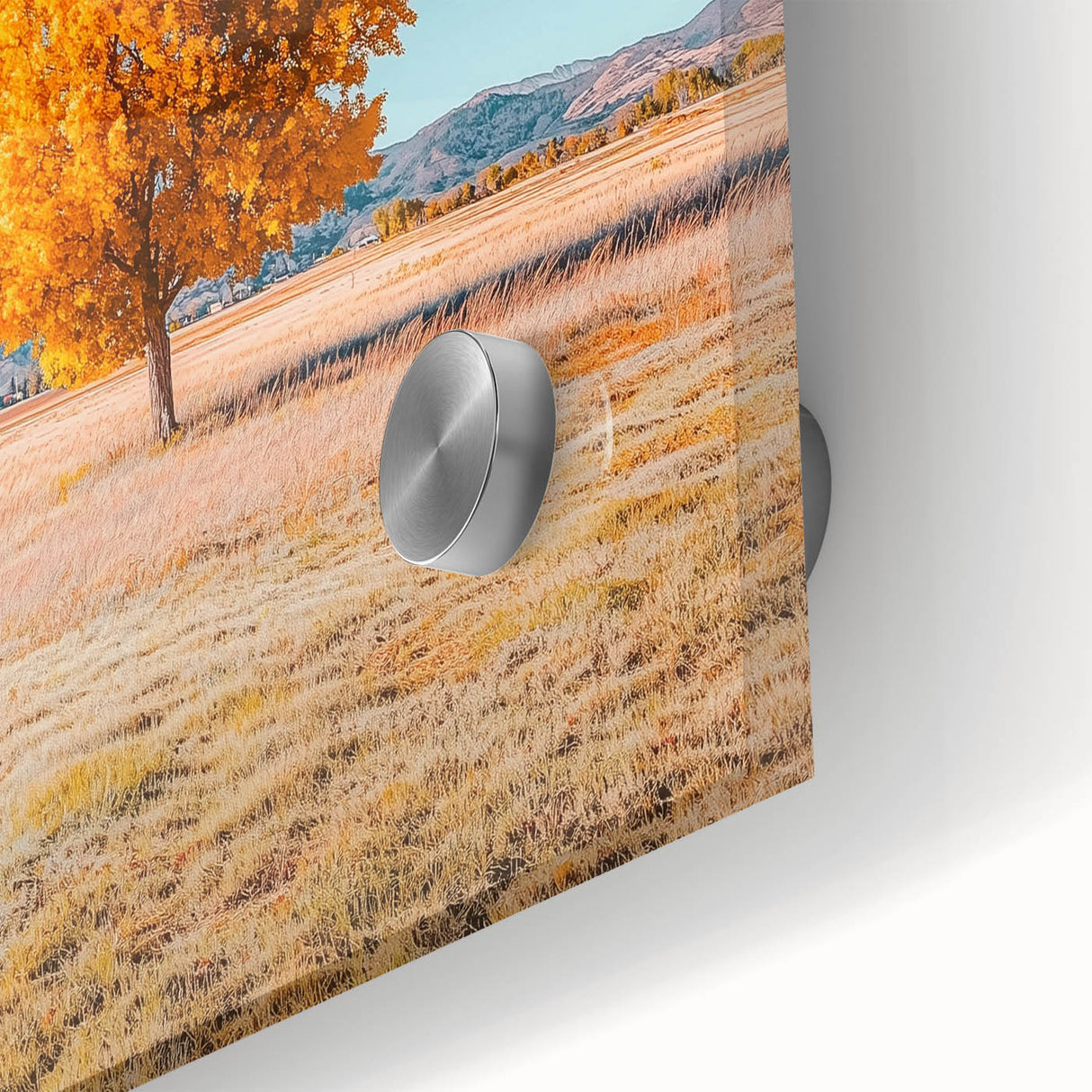 Close-up of vibrant acrylic landscape artwork depicting colorful fields and rolling hills, showcasing intricate details and textures, ideal for home decor or art enthusiasts.