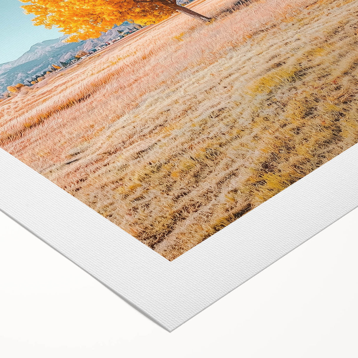 Vibrant rolled canvas artwork showcasing a serene landscape with lush green fields and a bright blue sky, elegantly packaged in a protective cardboard tube for safe delivery.