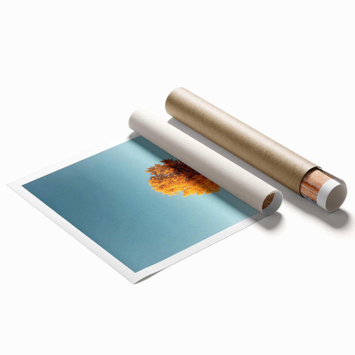Vibrant rolled print showcasing a scenic landscape with lush green fields and a clear blue sky, designed for home decor enthusiasts and nature lovers.