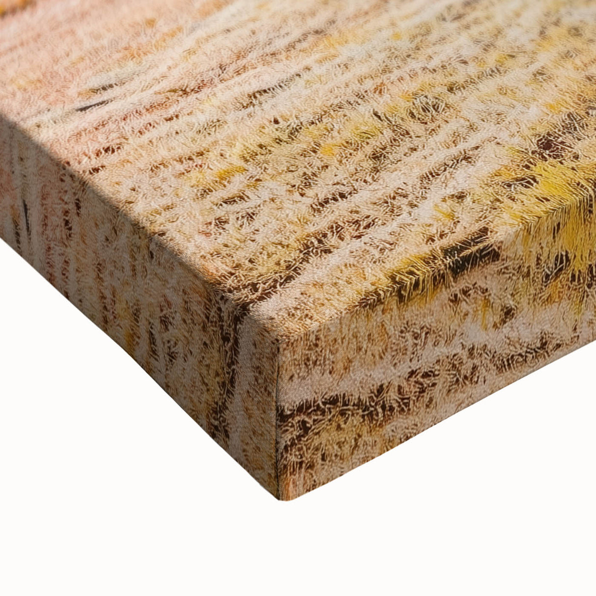 Close-up of a stretched canvas artwork depicting vibrant green fields under a blue sky, showcasing intricate textures and details suitable for home decor.