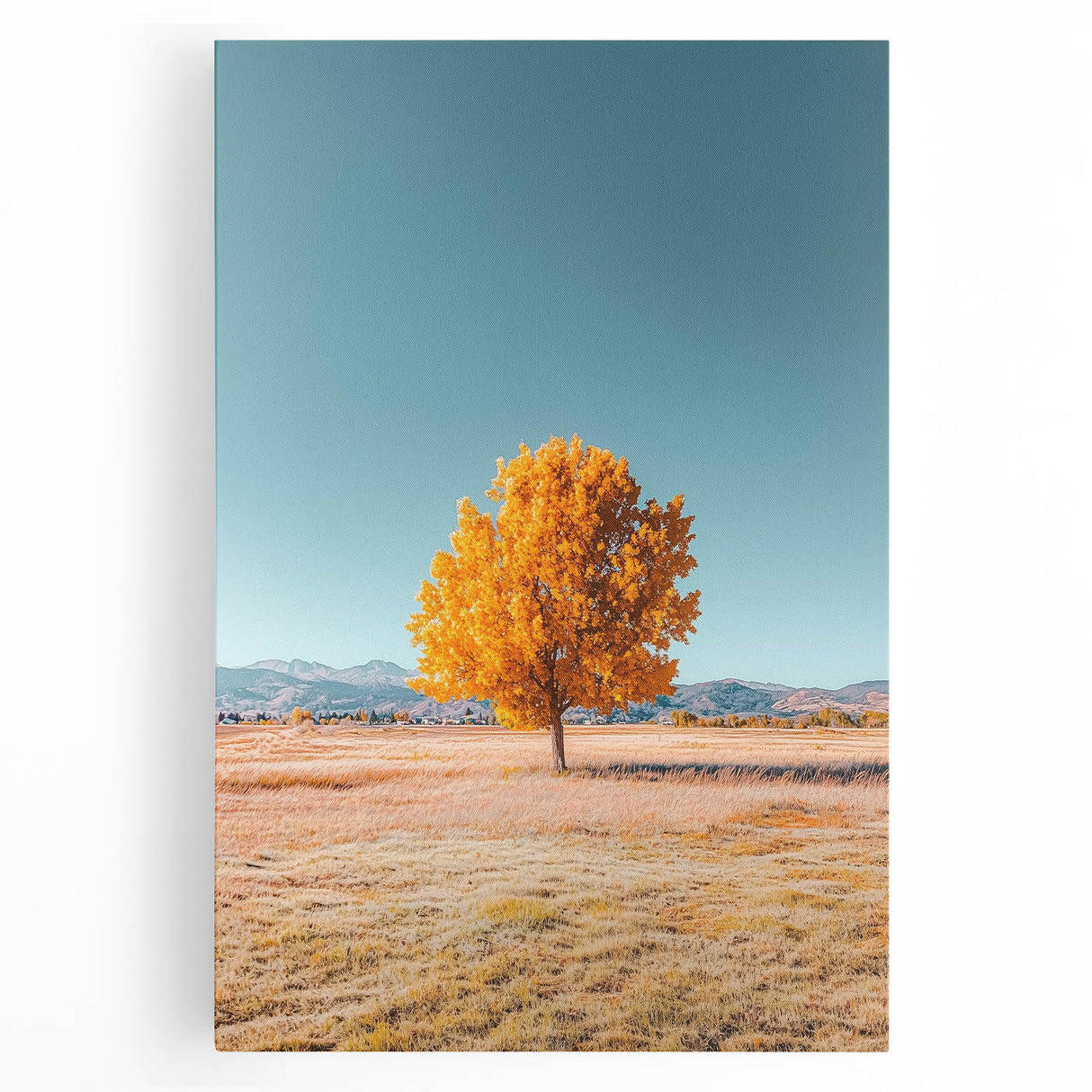 Vibrant stretched canvas depicting a serene landscape with rolling fields and a bright blue sky, perfect for home decor and enhancing any living space.