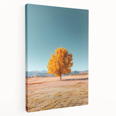 Stretched canvas artwork showcasing a vibrant landscape with fields under a clear blue sky, emphasizing natural beauty and artistic detail for home decor.
