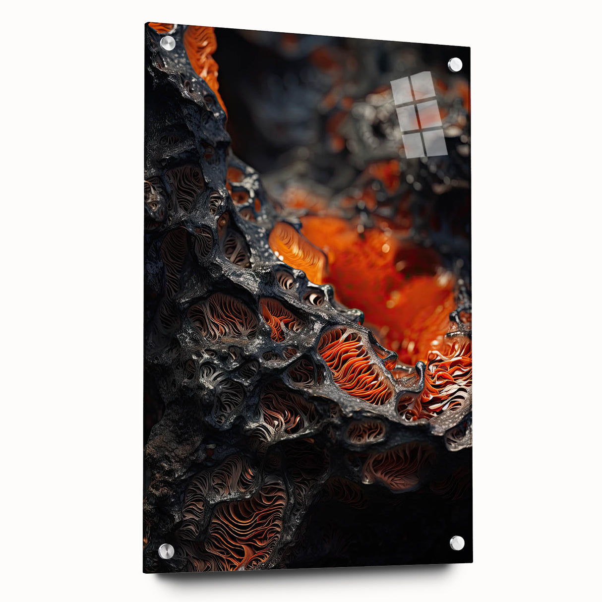 Large abstract wall art on acrylic glass featuring swirling blue and gray patterns.