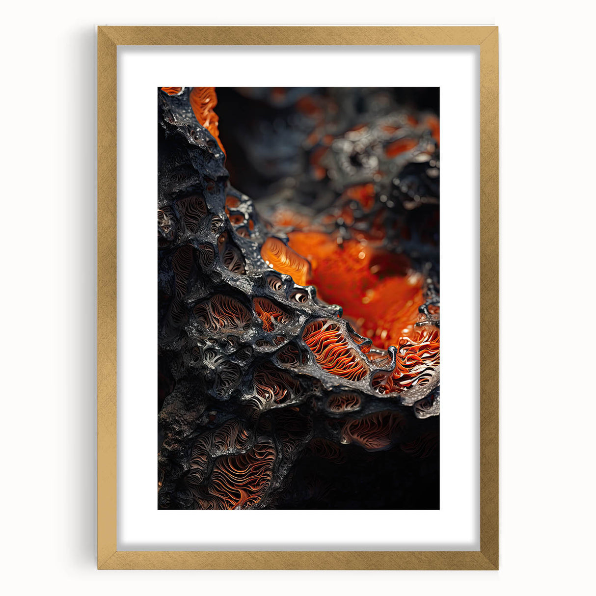 Extra large abstract art print with textured design in gold and beige, framed with mat, ideal for living room decor.