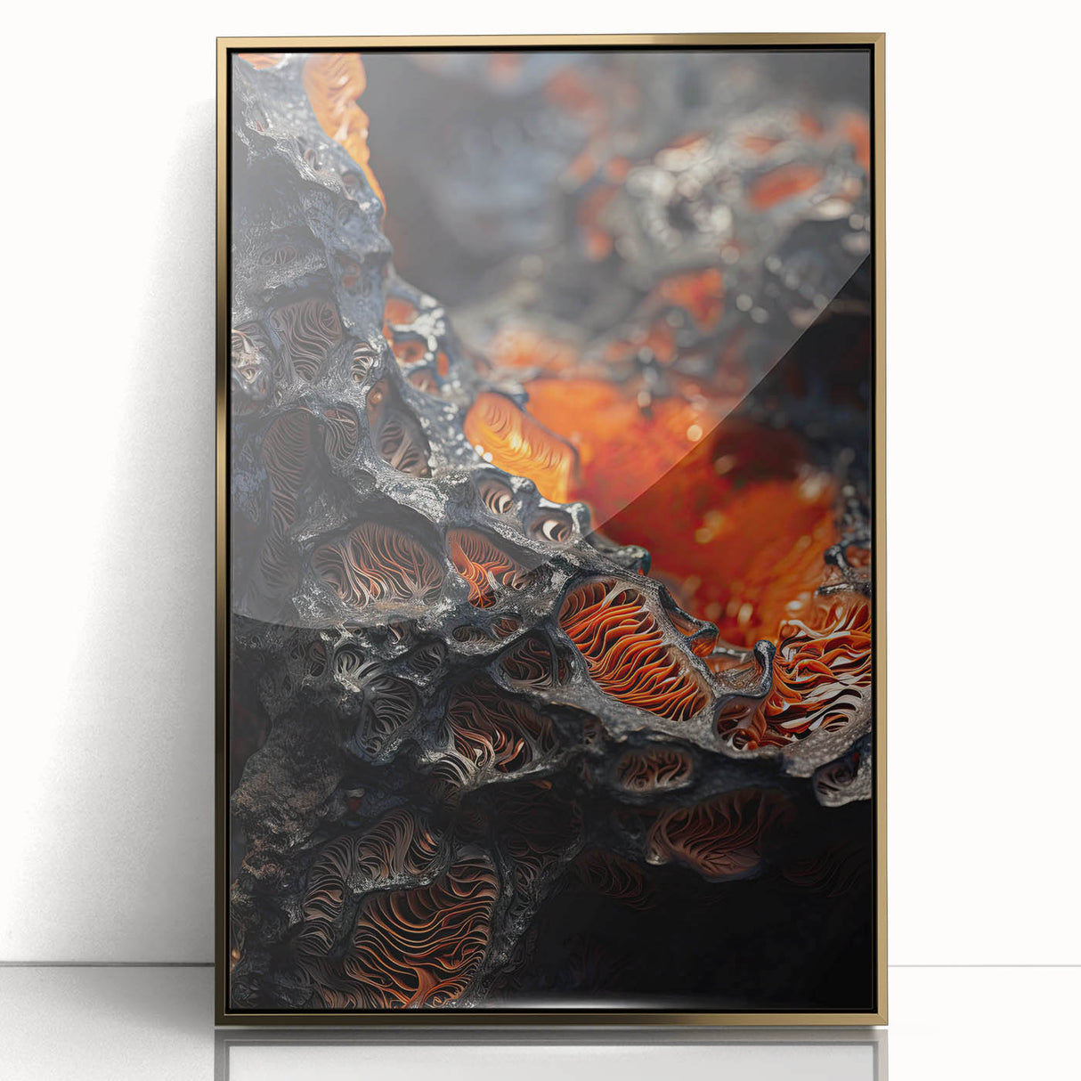 Large acrylic print of mid-century modernist art featuring abstract natural elements in gold tones.