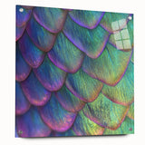 Large abstract wall art of a vibrant peacock on acrylic glass, ideal for bedroom or dining room decor.