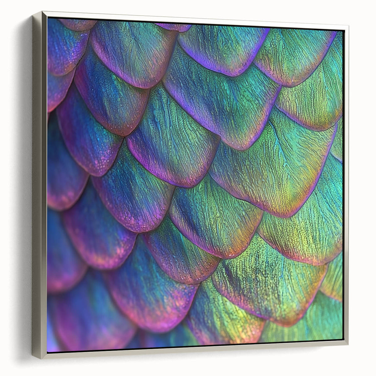 Framed canvas of a vintage landscape painting featuring colorful flora and fauna on a black background.