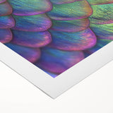 Art deco poster of a stylized peacock, featuring vibrant blues and greens on a rolled canvas, suitable for dining room decor.