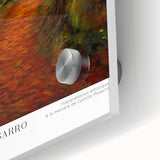 Large abstract wall art in bold orange and blue tones on acrylic glass, ideal for modern dining room ambiance.