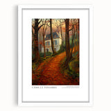 Abstract art print featuring swirling blue and gray tones on a white framed canvas.