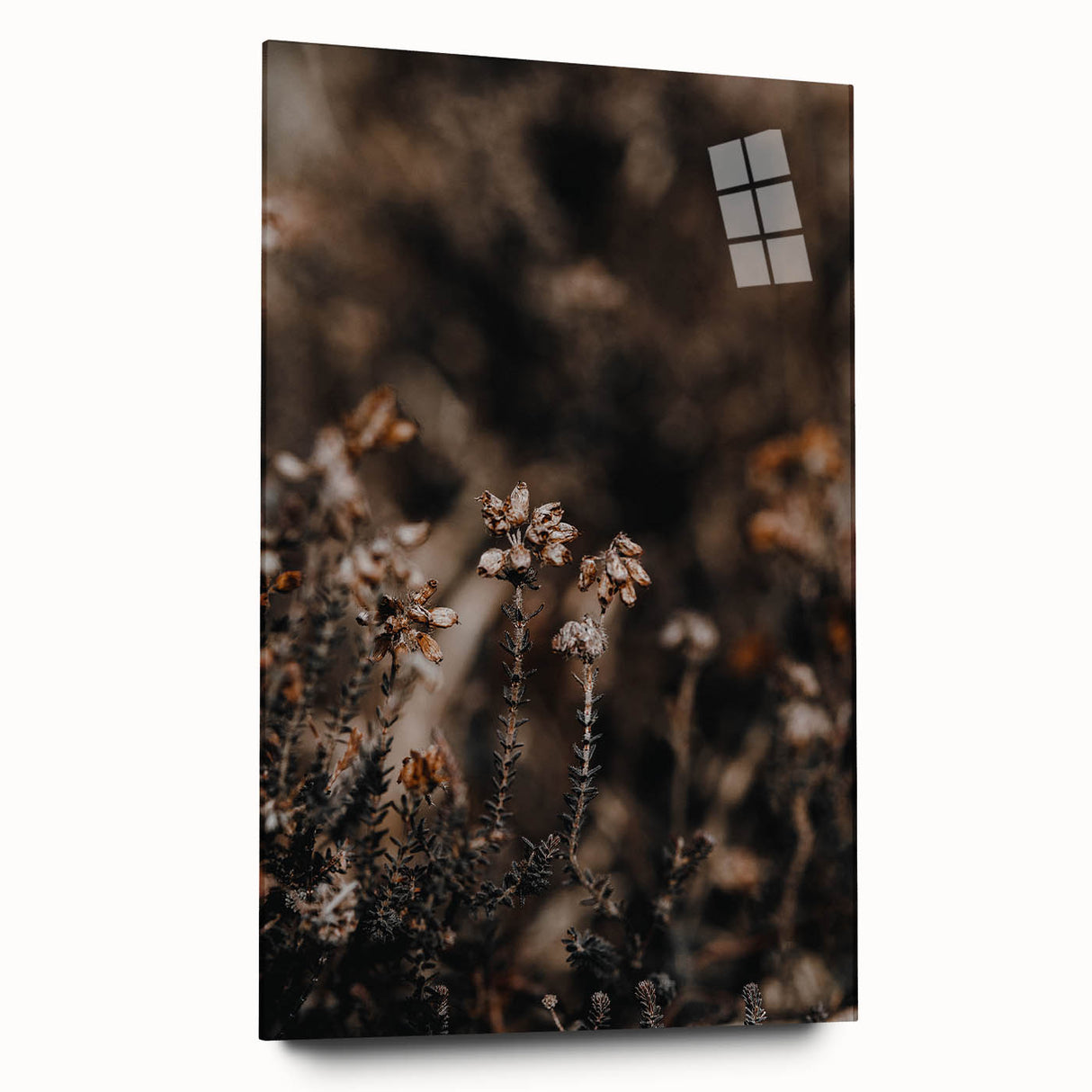 Large abstract wall art in autumnal hues on acrylic glass, suitable for bedroom or dining room decor.