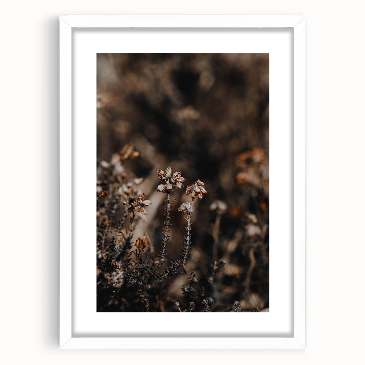 Abstract art print depicting autumnal trees in earth tones, framed in white, suitable for dining room decor.