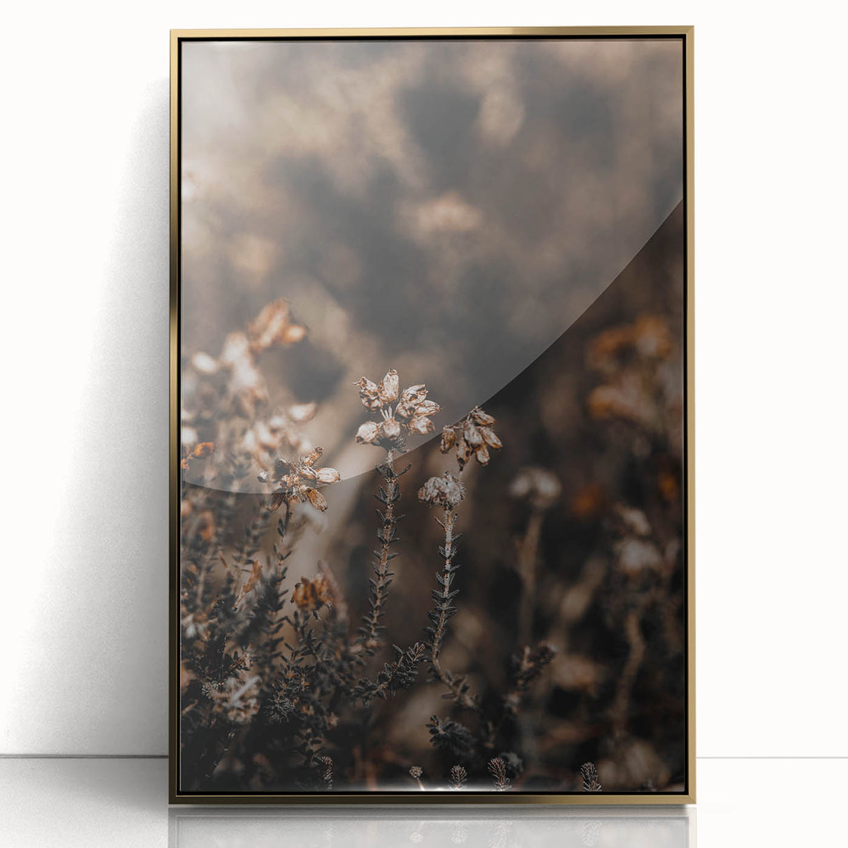 Large art print of a mid-century modernist autumn scene in warm gold and orange tones on acrylic.