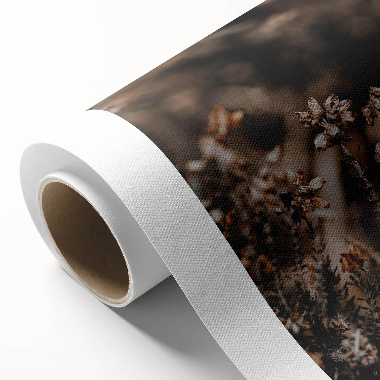 Art Deco poster featuring an autumnal forest scene in warm orange and brown tones on rolled canvas.
