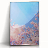 Mid-century modernist art depicting spring season in pastel colors on a silver-framed acrylic print.