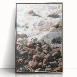 Mid-century modernist art depicting a summer scene in pastel colors on a silver-framed acrylic print.