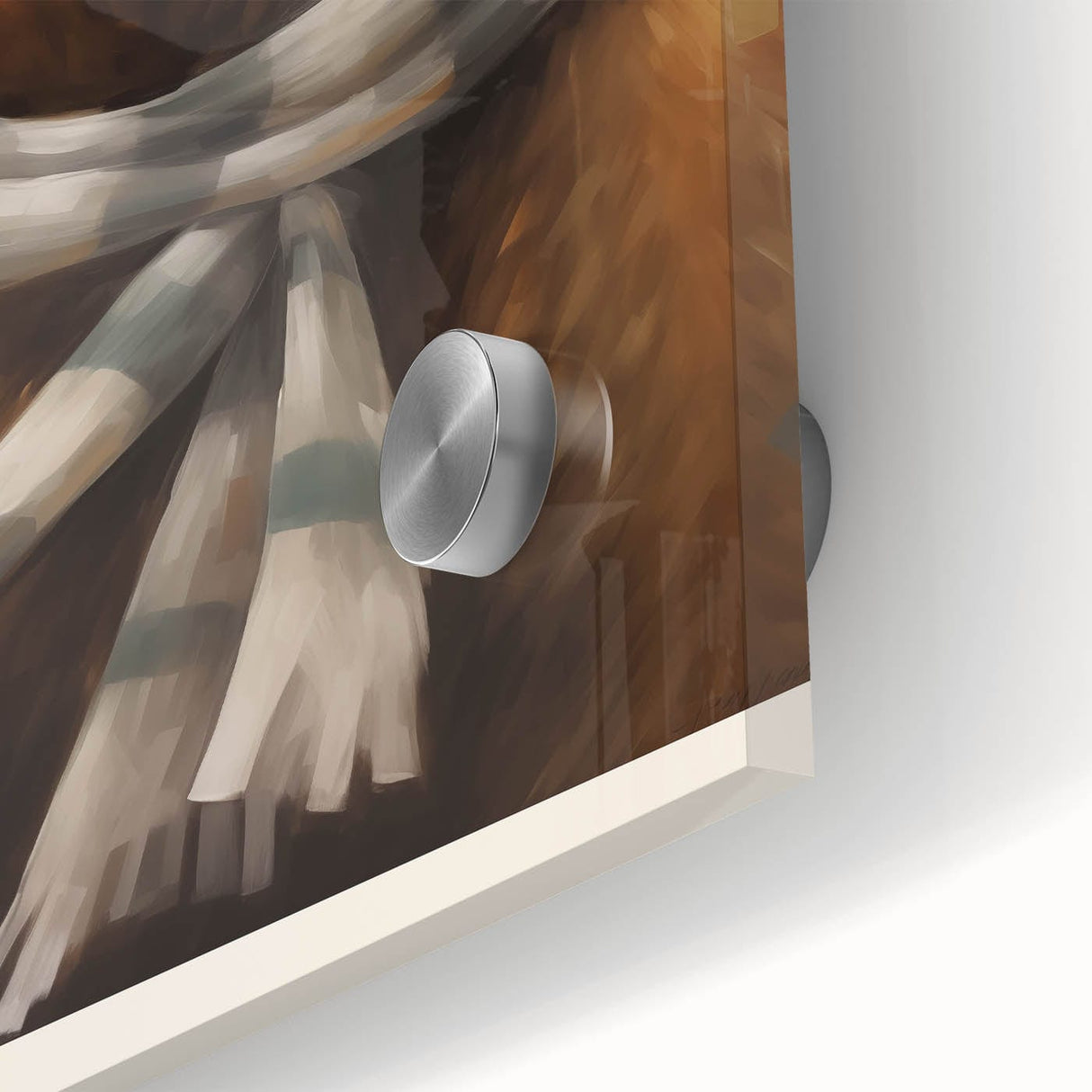 Large abstract wall art in cool blue and white tones on acrylic glass, suitable for dining room ambiance.