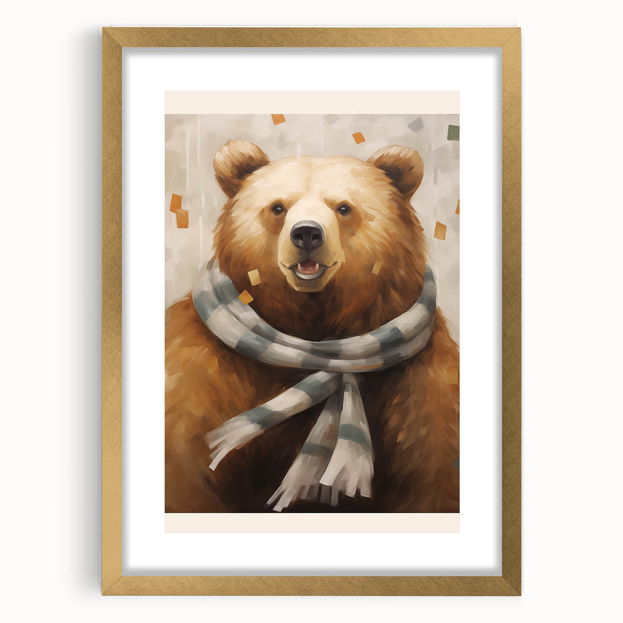 Extra large abstract art print in textured gold, featuring winter-themed design on framed canvas.